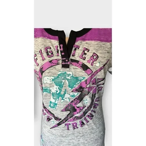 American Fighter Women's M Split Neck Fighter Training Graphic Tee Gray Purple - Picture 2 of 6